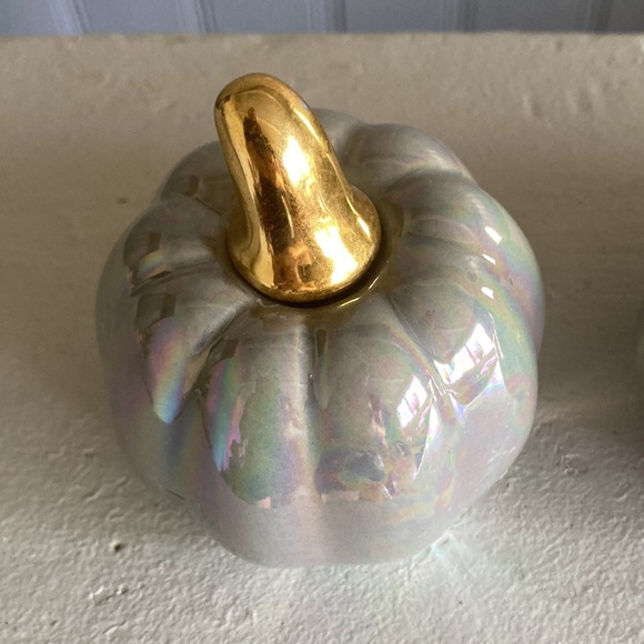 SOLD NWT Set of 2- Gray Iridescent Ceramic Pumpkins w/ Gold Stems Decorations - Picture 15 of 16